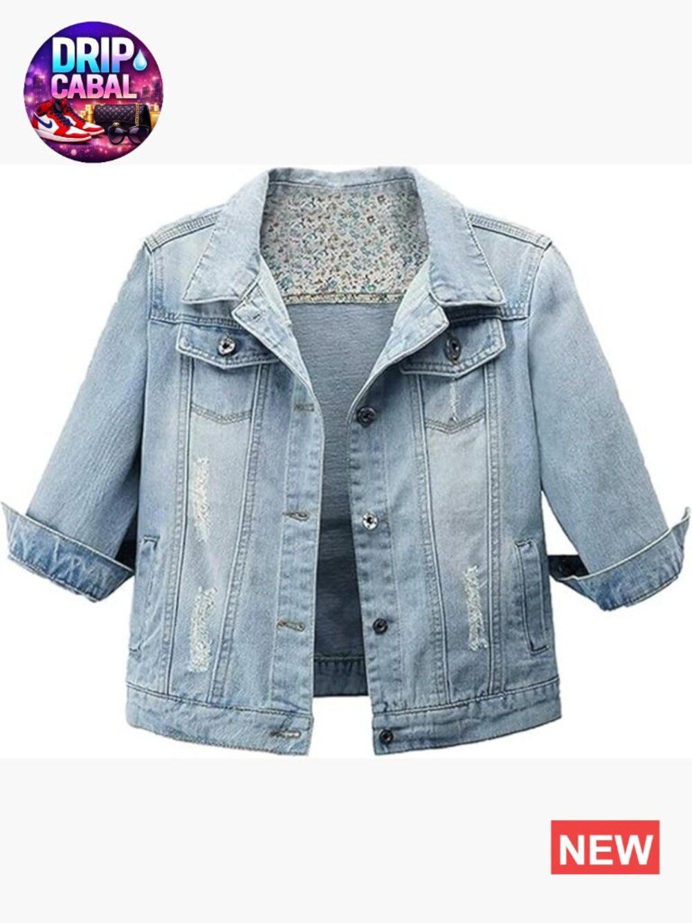 3/4 Sleeve Distressed Crop Denim Trucker Jacket